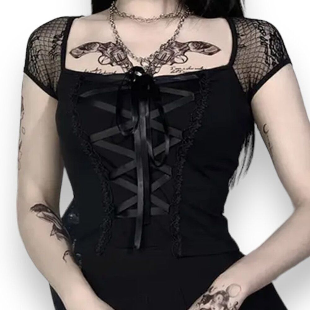 Black Short Sleeve Lace Up Corset Top - NEW